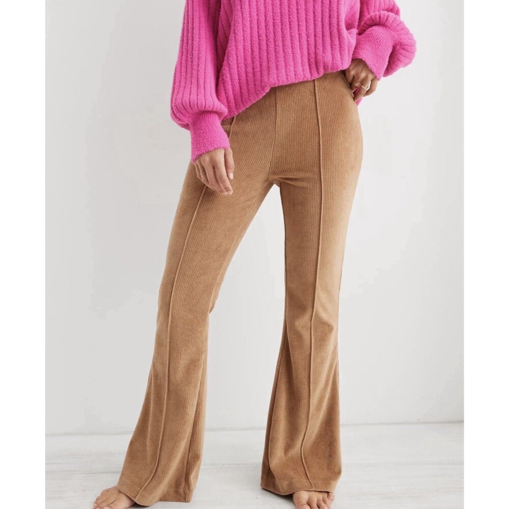 Aerie Groove-On Rib Velour Flare Pants Brown Size Small Ribbed